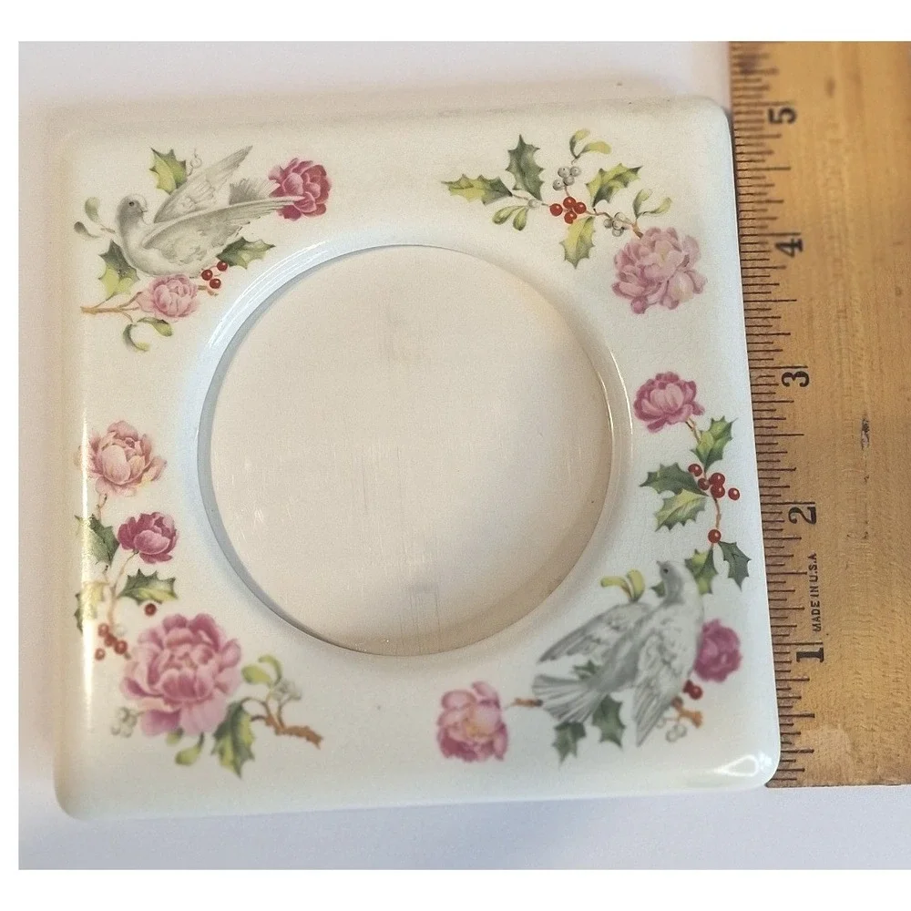 Vtg‎ Cottage Core Ceramic Square Picture Frame White Doves Peonies Holly Japan